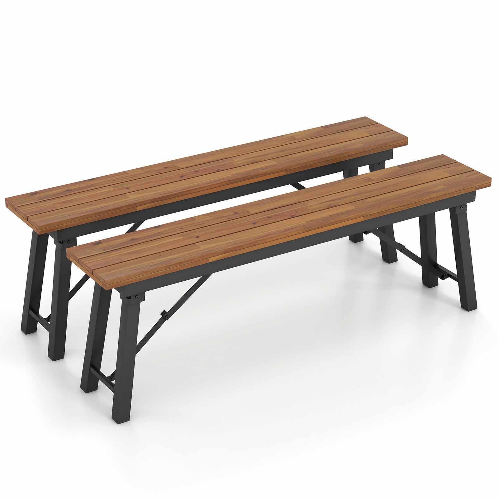 Tangkula Banc pliant d'extérieur, lot de 2, 140 cm de long, en bois d'acacia, sans dossier, pour 2-3 personnes